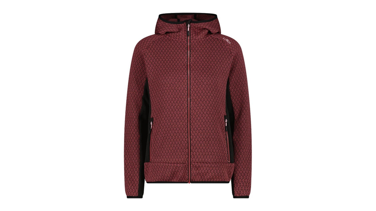 Die CMP Woman JACKET FIX HOOD von CMP ist eine rote Fleecejacke mit Reißverschluss, Kapuze, dezentem geometrischem Muster, schwarzen Seiteneinsätzen, Fronttaschen und langen Ärmeln für optimale Wärme - perfekt für Aktivitäten im Freien. Abgebildet auf weißem Hintergrund.