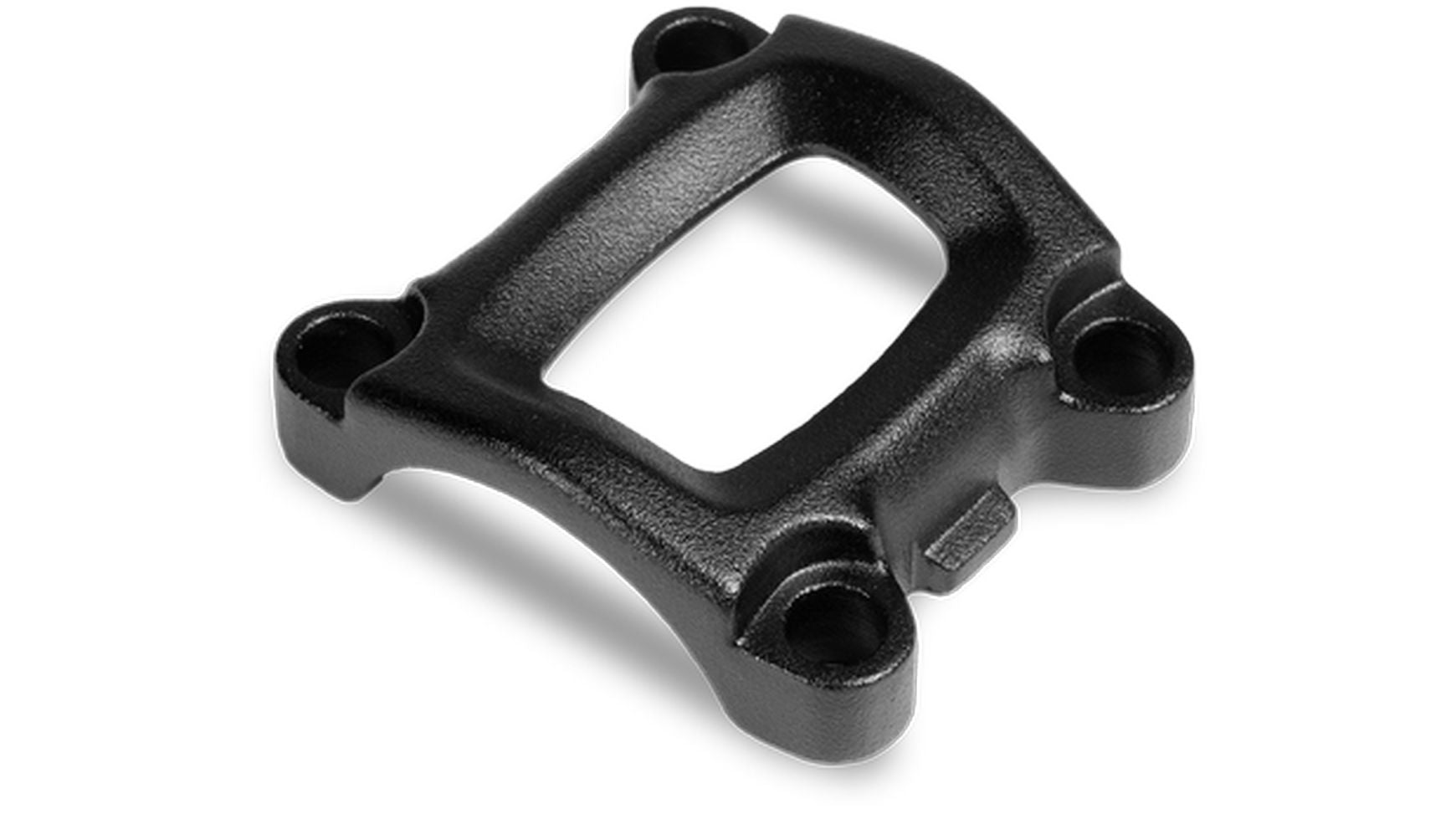 Die CUBE Vorbau-Faceplate FPILink von CUBE ist eine schwarze, rechteckige Metallhalterung mit abgerundeten Ecken und Schraubenlöchern, einer offenen Mitte und einer leicht strukturierten Oberfläche, die auf den CUBE Vorbau abgestimmt ist.