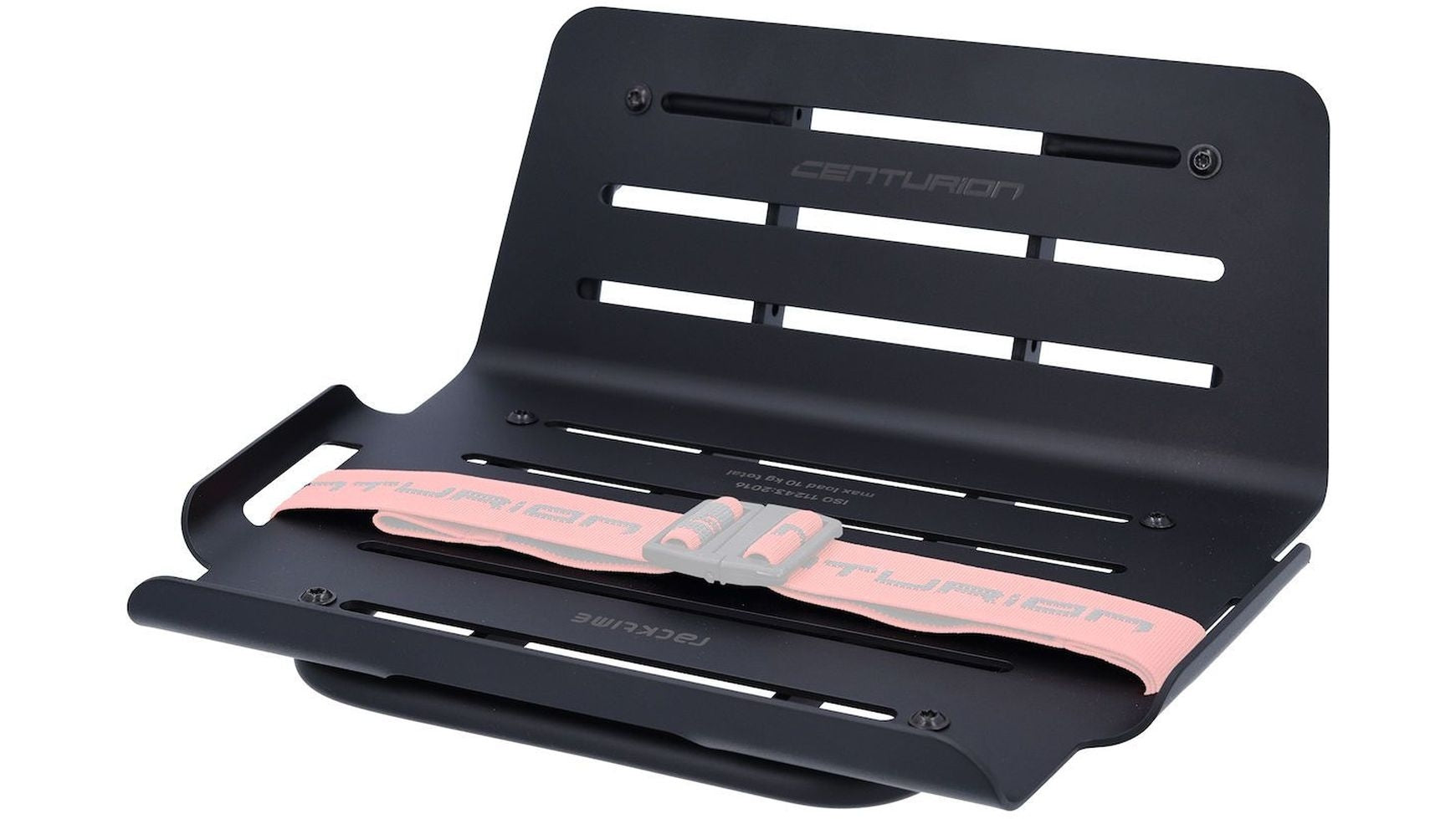 Ein eleganter schwarzer Metallträger aus strapazierfähigem Aluminium verfügt über mehrere Einschübe und einen rosa Gurt mit Schnallen. Oben in der Mitte ist der Schriftzug „CENTURION“ eingraviert, was das hochwertige Design unterstreicht. Der Centurion E-Trekking Front von CENTURION wurde für die sichere Befestigung oder den Transport von Gegenständen entwickelt.