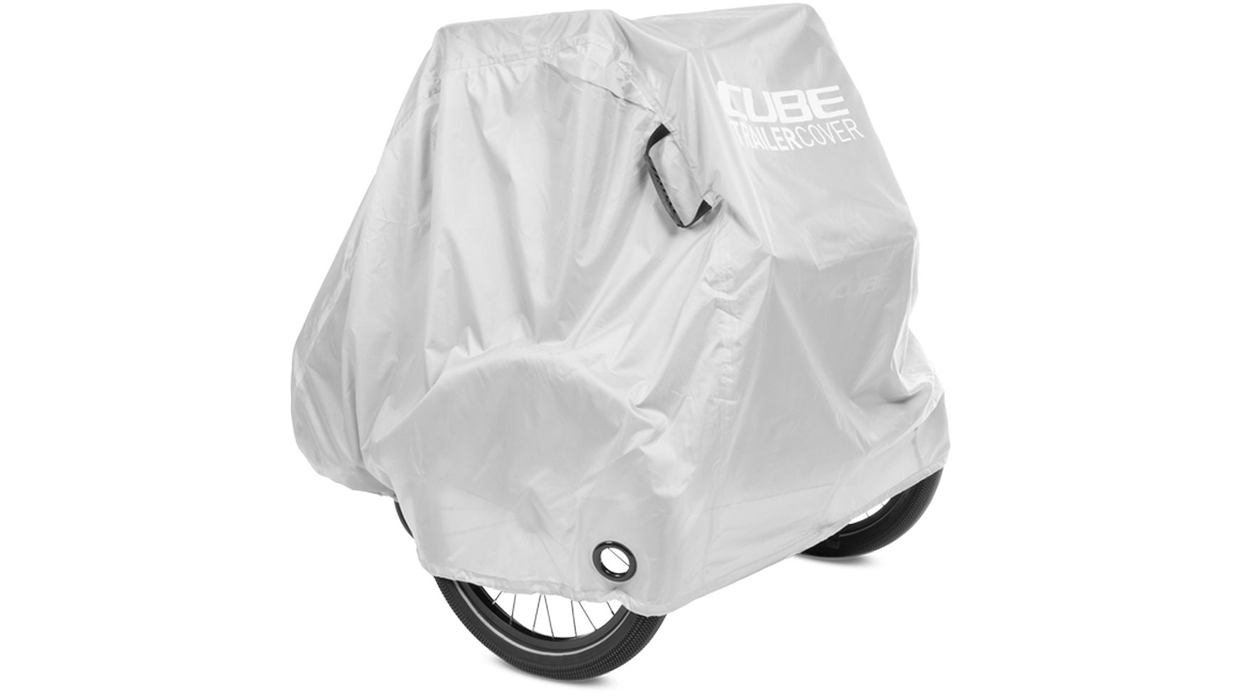 Ein silberner CUBE Faltgarage Fahrradanhänger deckt einen Fahrradanhänger ab, so dass nur die Räder sichtbar sind. Die Abdeckung verfügt über einen Griff, hat "CUBE TRAILERCOVER" auf der Seite, und schützt als mobile Garage für Ihren Anhänger.