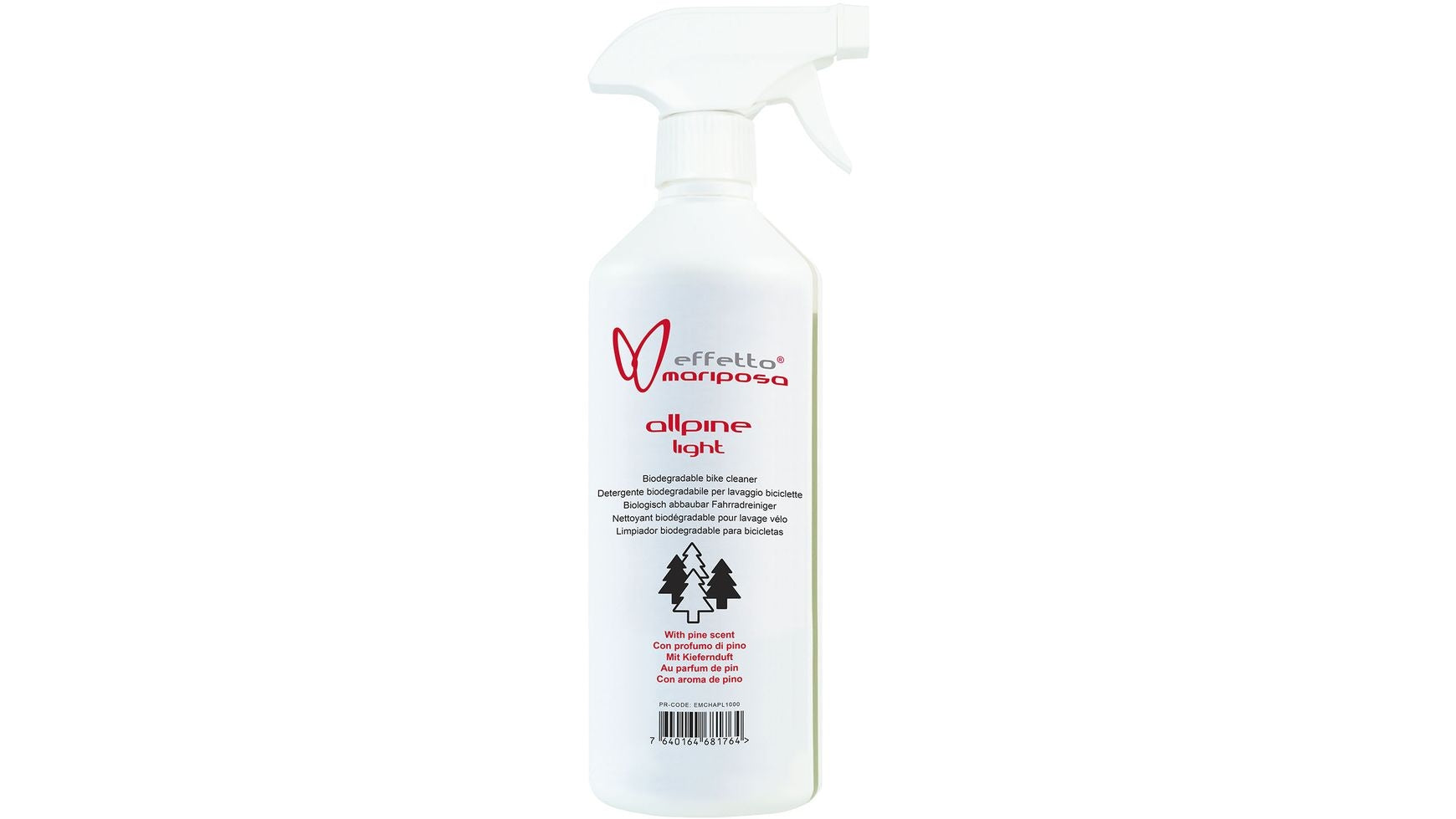 Die weiße 1-Liter-Sprühflasche mit der Aufschrift EFFETTO MARIPOSA Allpine light ist ein umweltfreundlicher Fahrradreiniger mit Baumsymbolen und mehrsprachigen Informationen zur nachhaltigen Fahrradreinigung.