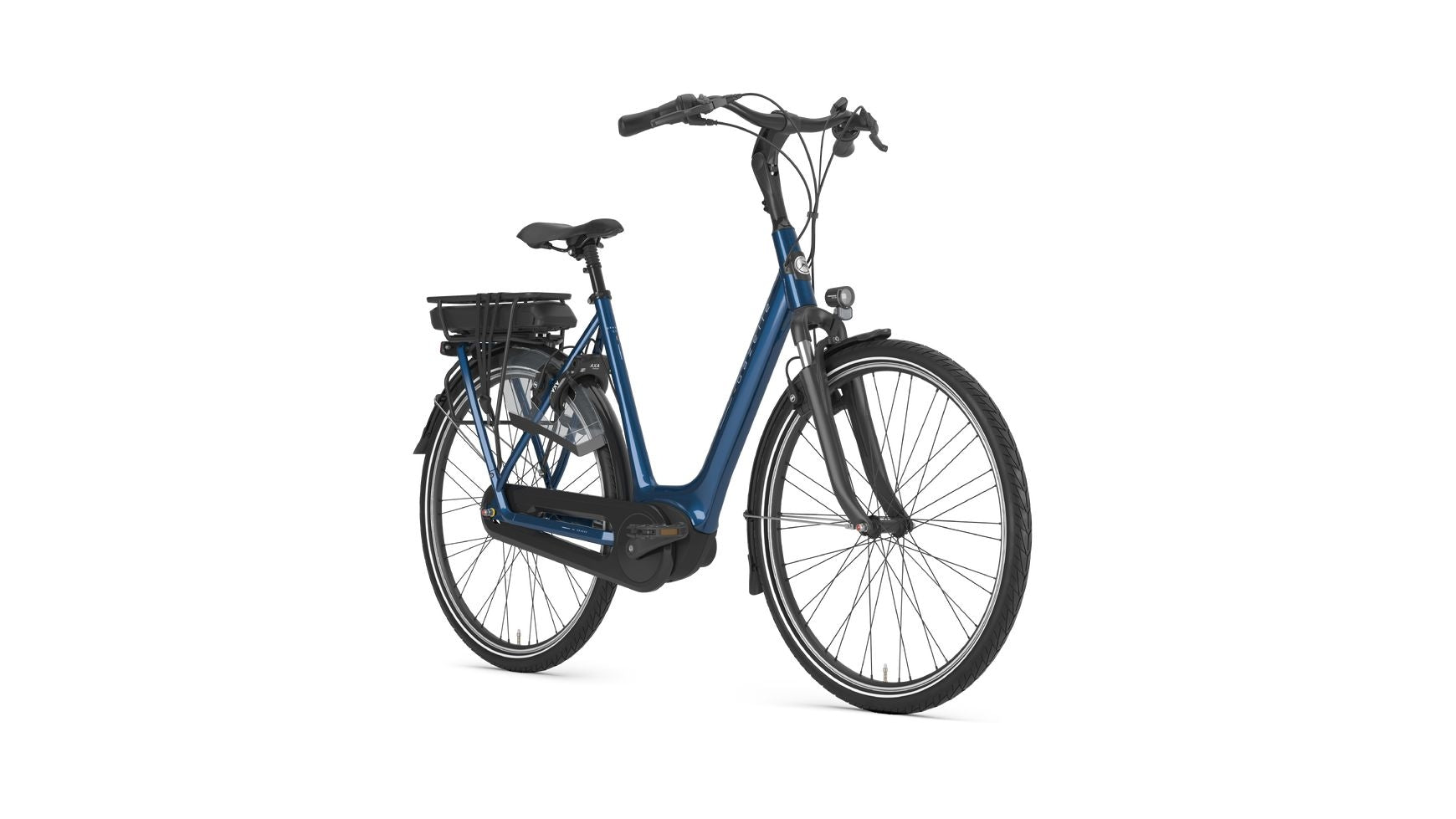 Das GAZELLE Orange C7+ HMB Wave 400 Wh ist ein blaues E-Bike mit tiefem Einstieg, einem Bosch Active Line Plus-Motor, einem Heckakku, einem geraden Lenker, Magura HS11-Bremsen sowie vorderen und hinteren Schutzblechen, hier von vorne vor weißem Hintergrund abgebildet.