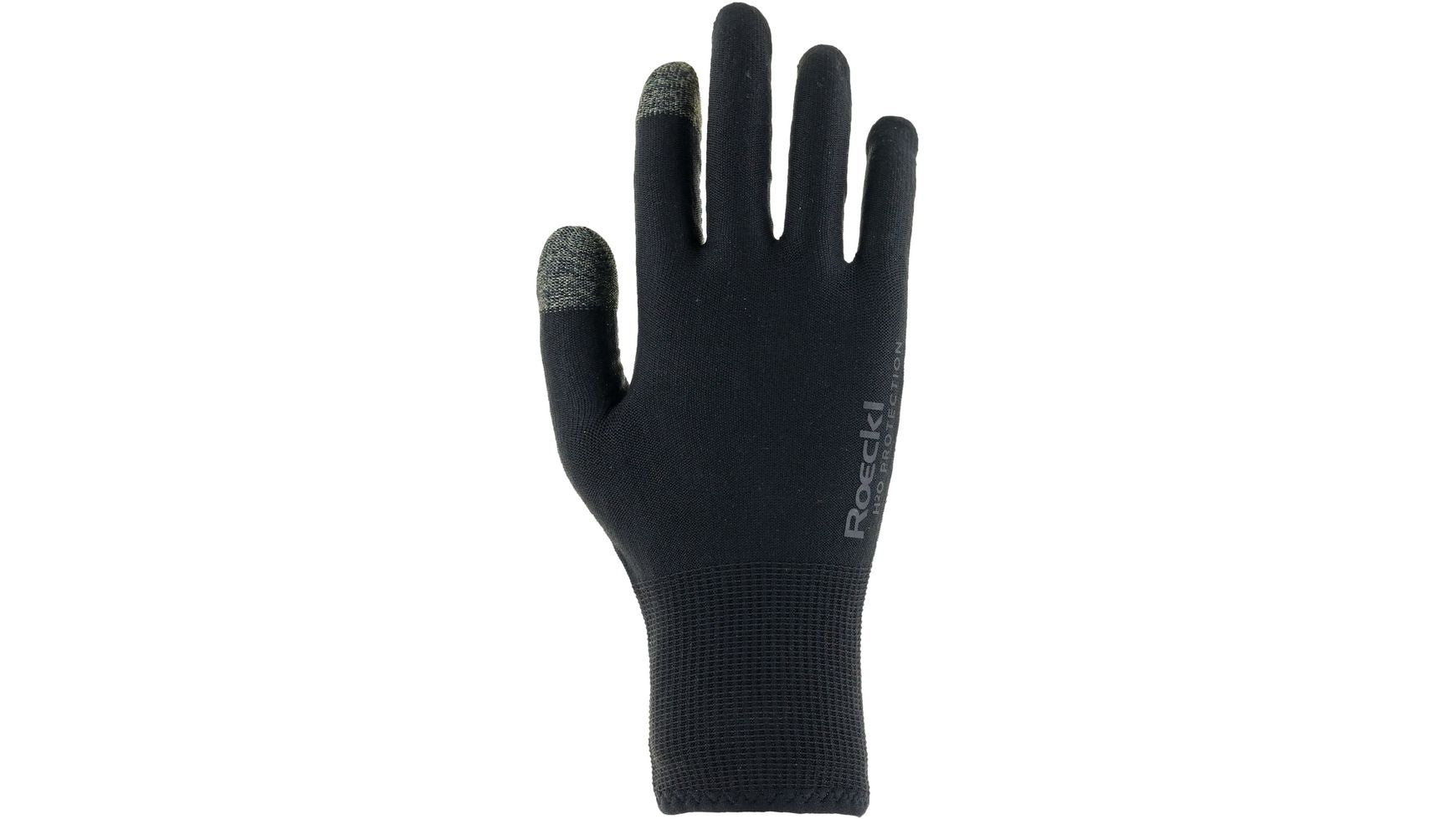 Ein schwarzer ROECKL Rudlhorn Winterradhandschuh mit Touchscreen-kompatiblem Daumen und Zeigefinger, dargestellt mit ausgestreckten Fingern. ROECKL-Logo an der Seite. Enthält recycelten Inhalt (Enthält Recyclinganteil).