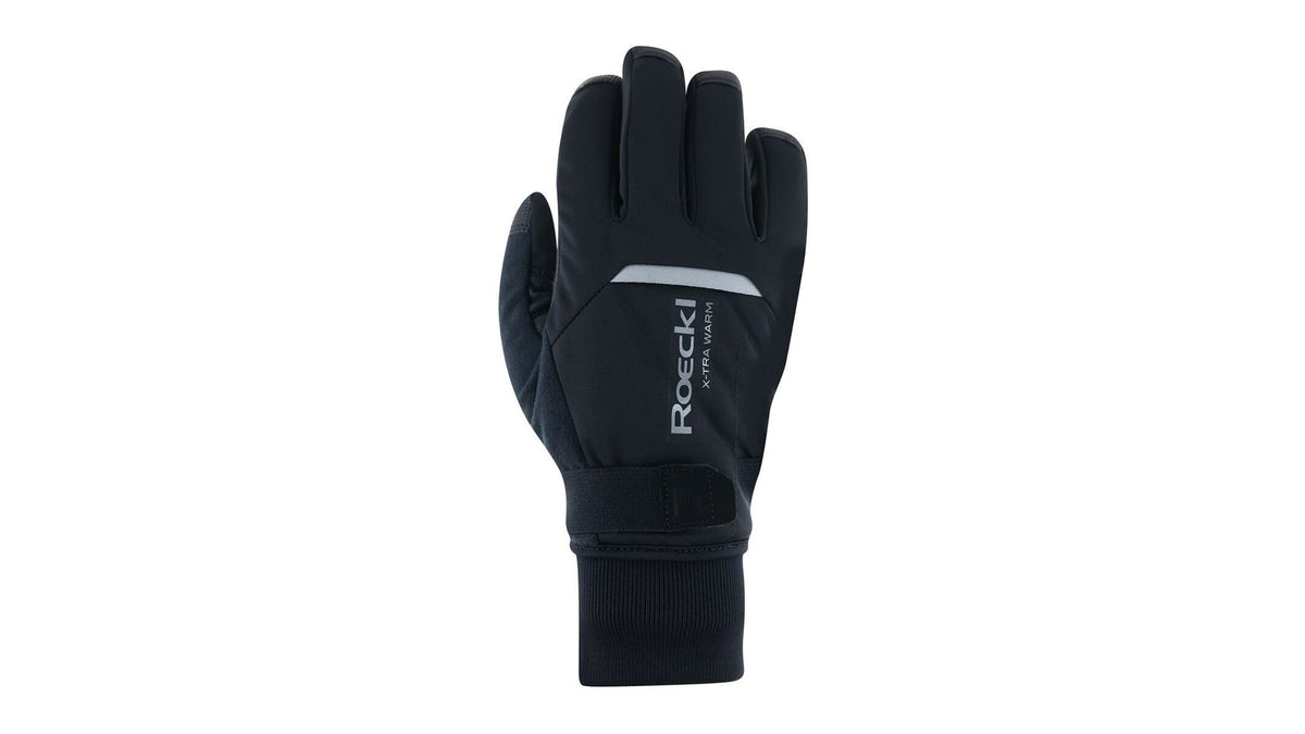 Der schwarze Roeckl Villach 3 Winterradhandschuh mit ROECKL-Branding, PrimaLoft Gold-Isolierung, Reflexstreifen, verstellbarem Handgelenkband und verlängerter Stulpe ist mit der Handfläche nach unten auf weißem Grund abgebildet.
