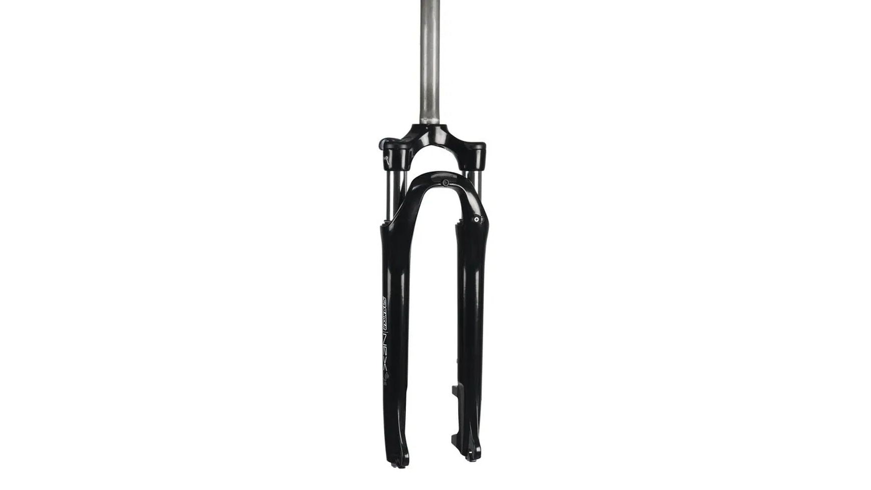 Die SUNTOUR SR Suntour NEX E25 LO SF14 28 Zoll Federgabel für Trekking-E-Bikes verfügt über einen geraden Gabelschaft und ist in schwarz, von vorne gesehen, mit weißem Hintergrund abgebildet.