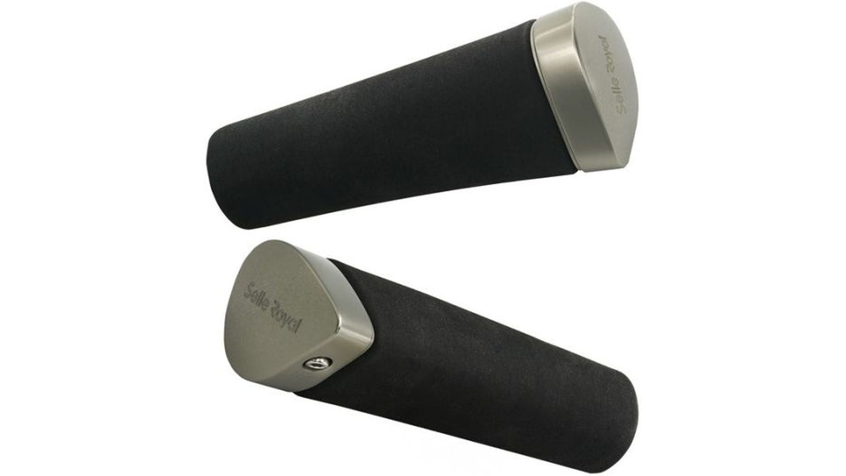 Zwei schwarz-silberne zylindrische Objekte mit abgerundeten Enden sind vor einem weißen Hintergrund abgebildet. Sie sind mit SELLE ROYAL Selle Royal Nivo Gel Griffe beschriftet und verfügen über einen ergonomischen Komfortgriff für mehr Kontrolle und Komfort.