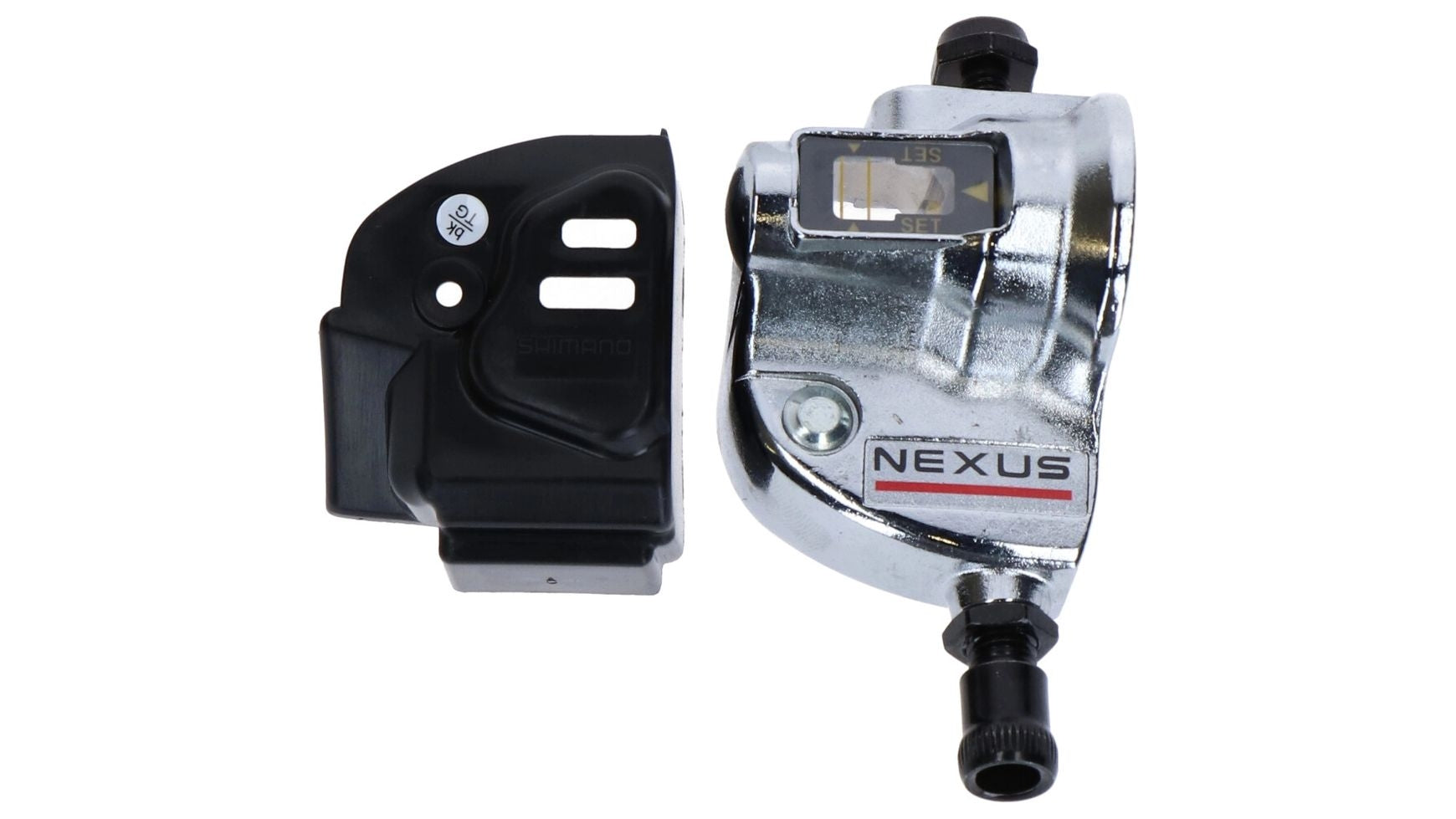 Eine silberne Shimano Schalteinheit SM-Bell 3-G Nabenschaltung von SHIMANO mit einer schwarzen Kunststoffabdeckung daneben, dargestellt auf weißem Hintergrund. Dieses Originalteil sorgt für eine zuverlässige Wartung des Fahrrads.