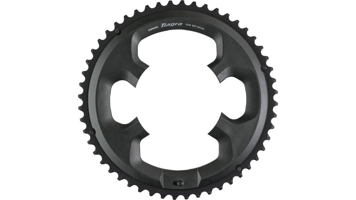 Ein schwarzes SHIMANO Tiagra FC-4700-Kettenblatt mit 52 Zähnen, konzipiert für Rennräder und 2x10-Gang-Antriebe, mit vier Befestigungslöchern und der Aufschrift „Shimano Tiagra 52-D 52-39RC“.