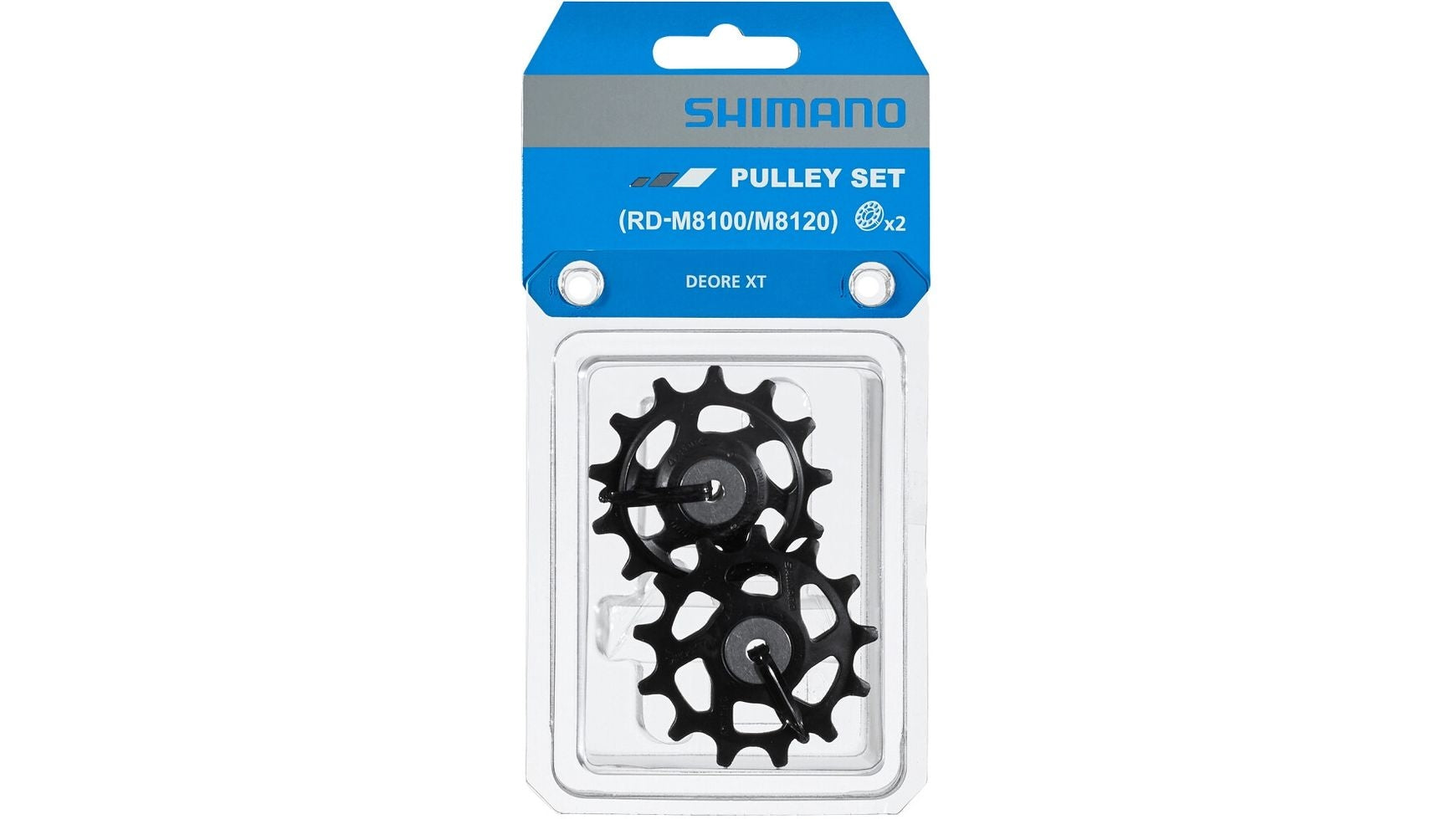 SHIMANO RD-M8100 Schaltrollensatz: 2 schwarze Riemenscheiben für Deore XT (RD-M8100/M8120) 12-fach, in klarer Kunststoff- und blauer Kartonverpackung mit Shimano-Logo.