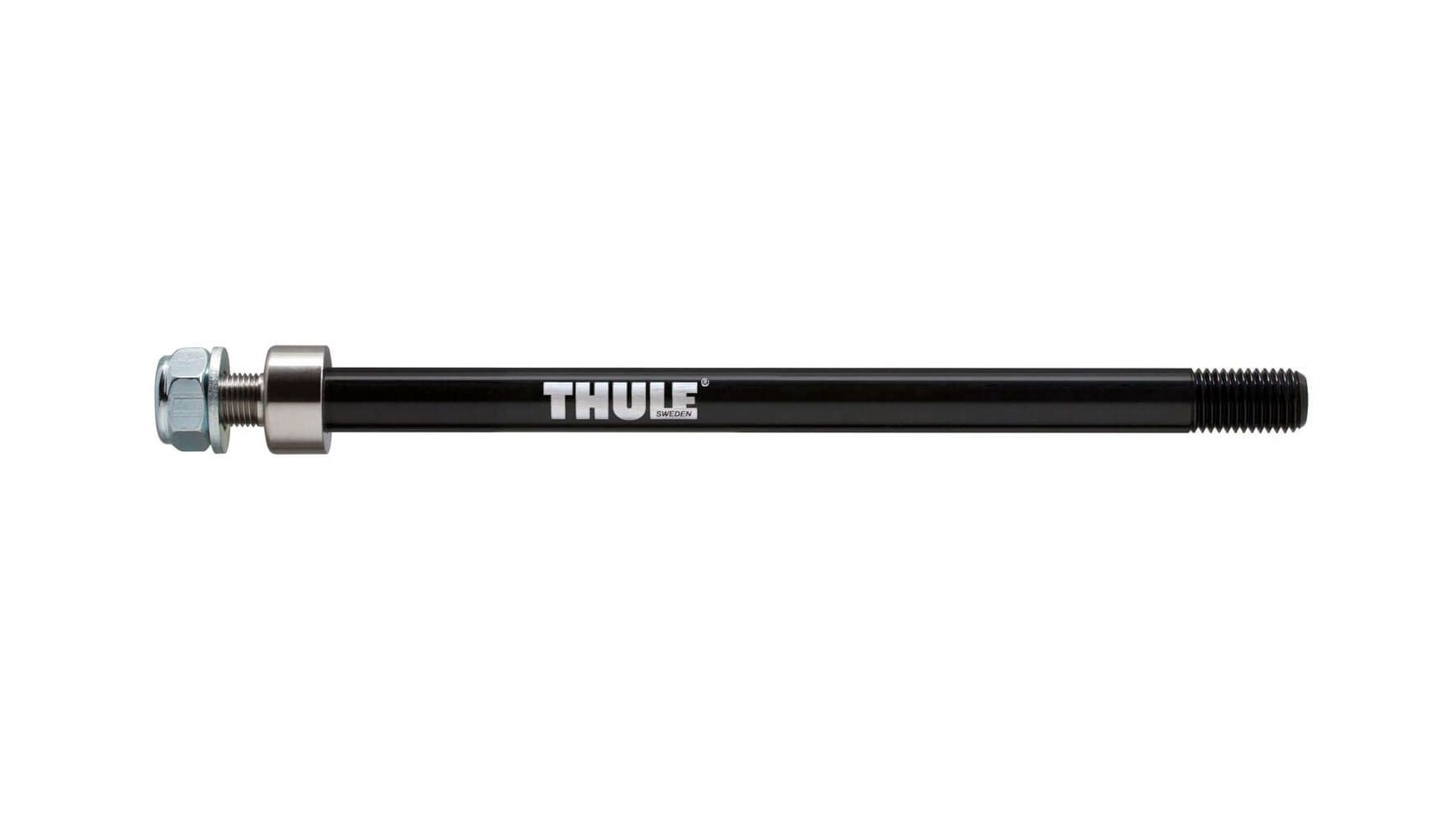 Der Thule Maxle Trek M12x1,75 von THULE ist eine schwarze Fahrradachse mit einer Schraube und einer Unterlegscheibe an einem Ende und einem Gewinde am anderen Ende, horizontal auf weißem Hintergrund abgebildet. Der perfekte Achsadapter für Ihren Thule-Fahrradanhänger.
