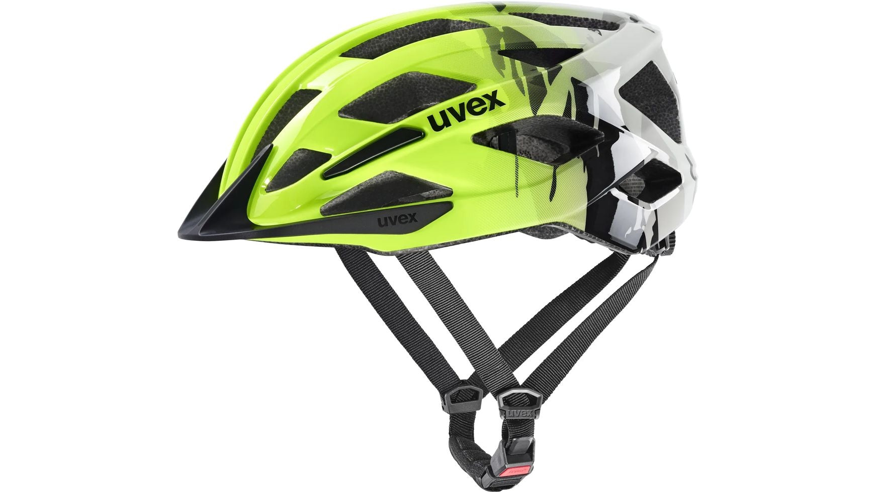 Der UVEX Air Wing 2 Jugendhelm ist ein lindgrün-weißer Fahrradhelm mit schwarzen Lüftungsschlitzen, verstellbaren schwarzen Riemen und einer Kunststoffschnalle, dargestellt in der Seitenansicht auf weißem Hintergrund.