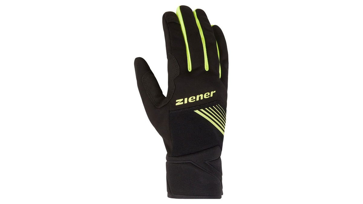 Der Ziener DIRICH-Z TOUCH by ZIENER ist ein schwarzer, winddichter Winterradhandschuh mit gelben Streifen und Akzenten, mit dem ZIENER-Logo und Designdetails auf dem Handrücken und dem Handgelenk. Die Handfläche ist abgewandt dargestellt.