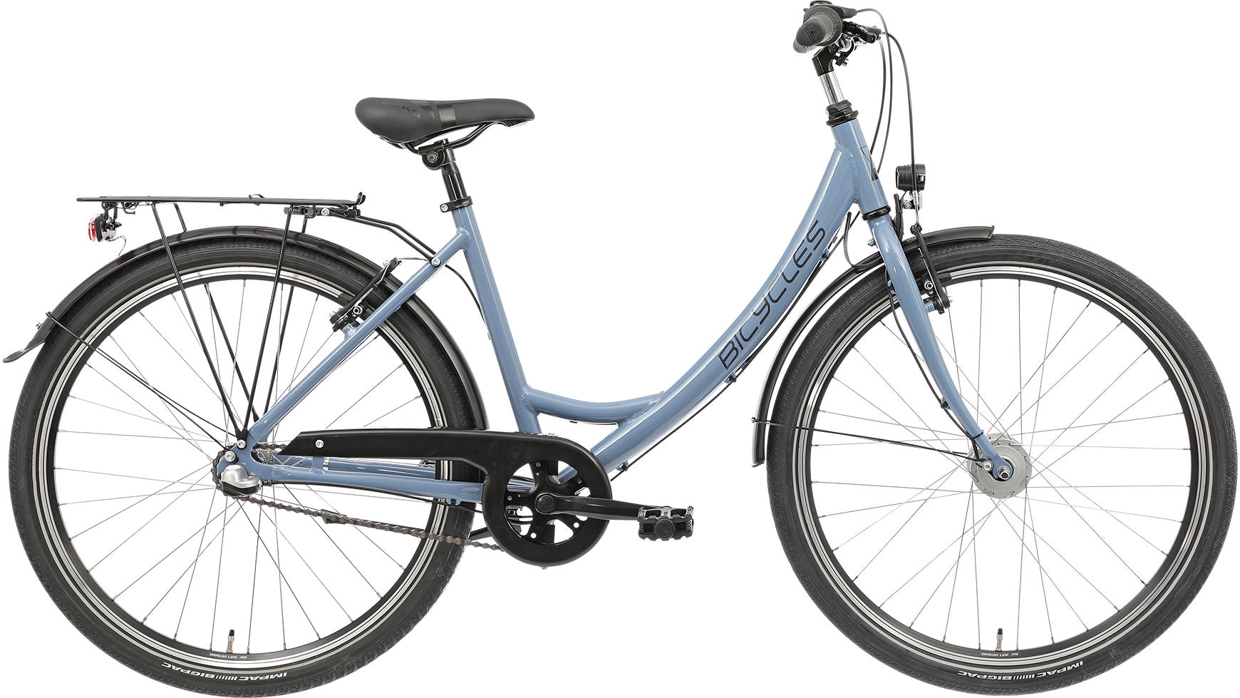 Das BICYCLES Emily 26.3 LTD Wave ist ein blaues Citybike mit einem Aluminium-Tiefrahmen, Shimano-Nabenschaltung, schwarzem Sattel, Schutzblechen, Gepäckträger, Ständer und aufrechtem Lenker, das hier von der Seite auf weißem Hintergrund abgebildet ist.
