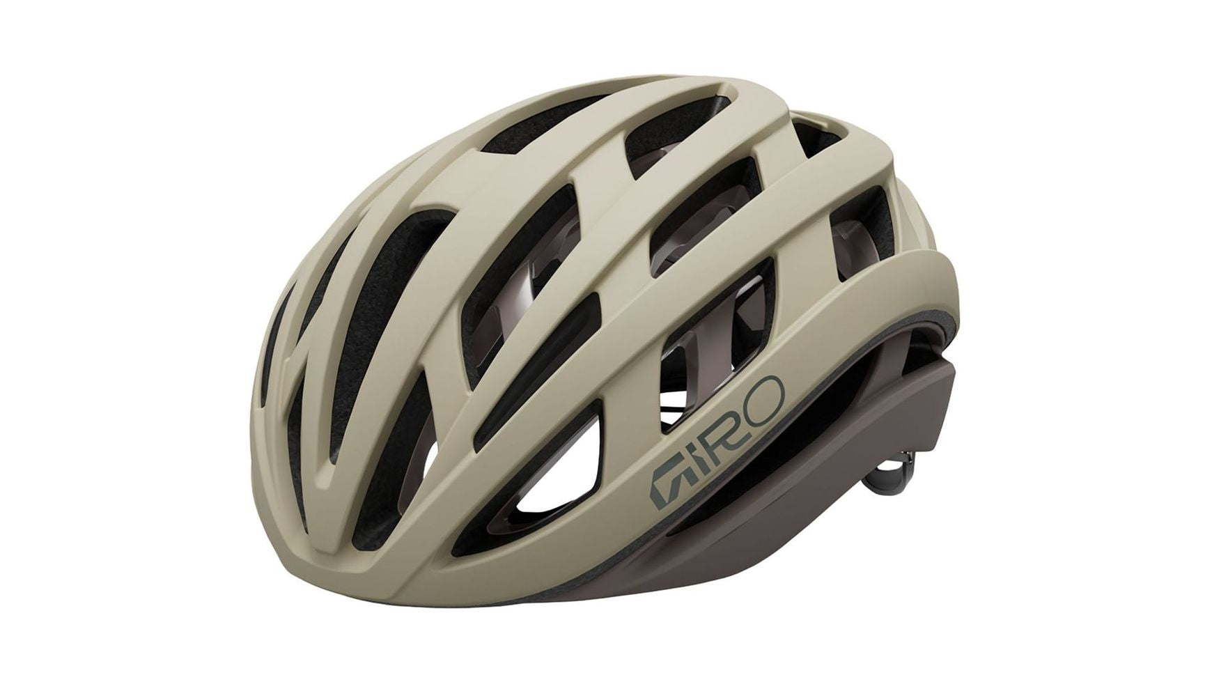 Ein beiger GIRO Helios Spherical Fahrradhelm mit mehreren Belüftungsöffnungen und dem GIRO-Logo an der Seite, ausgestattet mit innovativer Spherical-Technologie für fortschrittlichen MIPS-Kopf- und Gehirenschutz, präsentiert vor weißem Hintergrund.