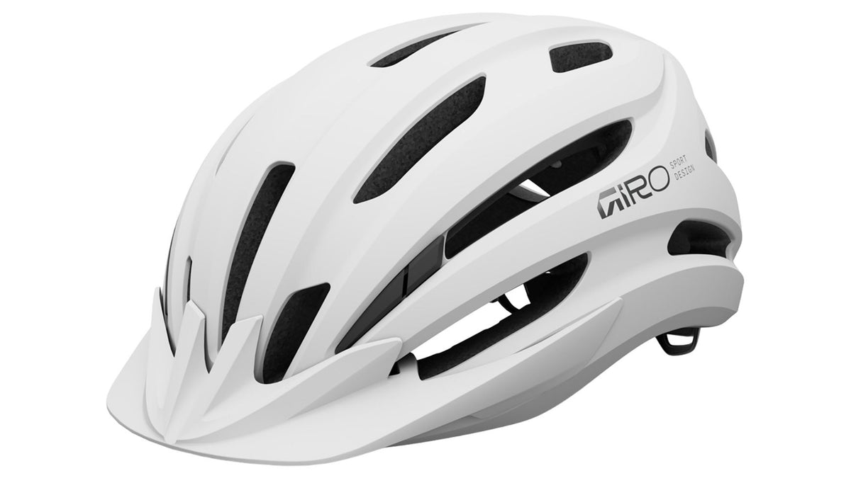 Der GIRO Giro Register II W, ein weißer Helm mit mehreren Belüftungsöffnungen, einem kleinen Frontvisier und einem verstellbaren Hinterriemen, ist vor einem schlichten weißen Hintergrund abgebildet.