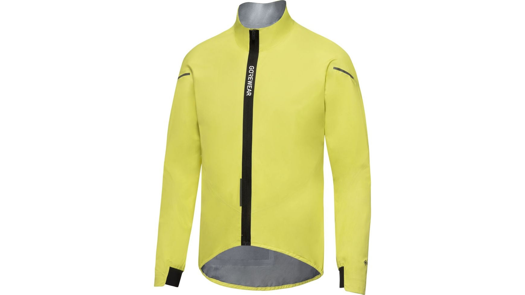Die GORE SPINSHIFT GORE-TEX ist eine leuchtend gelbe, langärmelige Fahrradjacke mit einem dezentralen schwarzen Reißverschluss, reflektierenden Akzenten, hohem Kragen, verlängertem Rücken, Wetterschutz und 