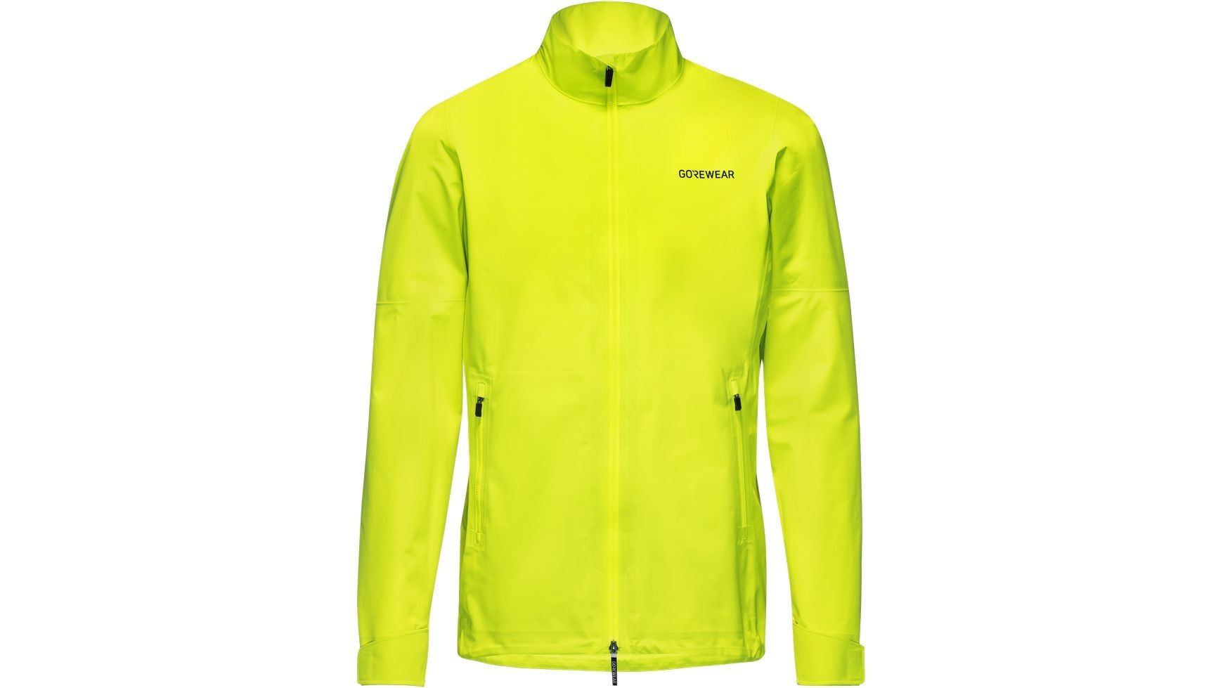 Die leuchtend gelbe GORE Swiftride GTX Jacke verfügt über einen hohen Kragen, lange Ärmel, einen Frontreißverschluss, zwei Reißverschlusstaschen und ein GORE Logo auf der Brust - perfekt als wasserdichte Fahrradjacke für jedes Wetter.