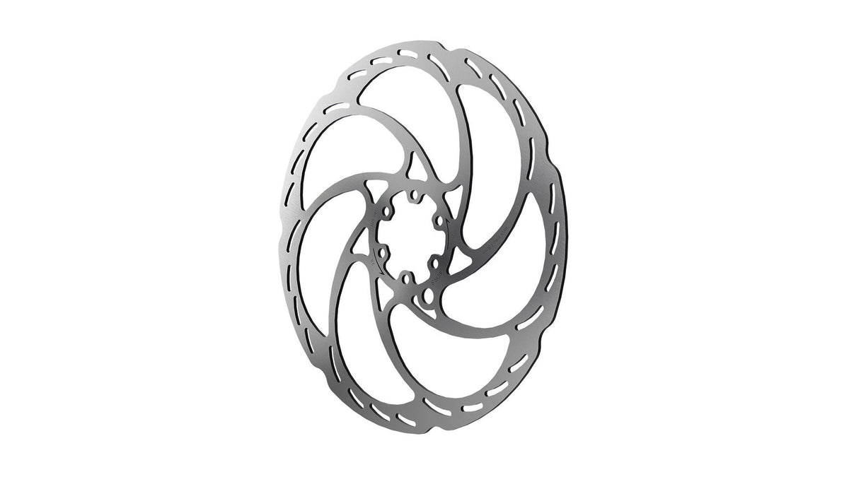 Die MAGURA Magura Bremsscheibe MDR-S 2.0 ist eine silberne Fahrradbremsscheibe mit spiralförmigem Design und mehreren Aussparungen, perfekt für E-Bikes und Lastenräder, auf weißem Hintergrund.