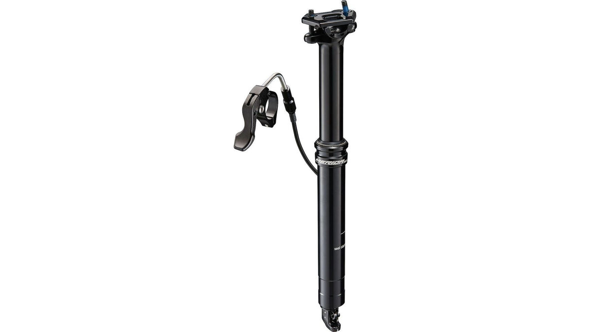 Die MERIDA Comp TR 125 mm 30,9/410 mm ist eine schwarze Sattelstütze mit Kabel und Remote-Hebel, die eine Einstellung der Sattelhöhe ermöglicht.