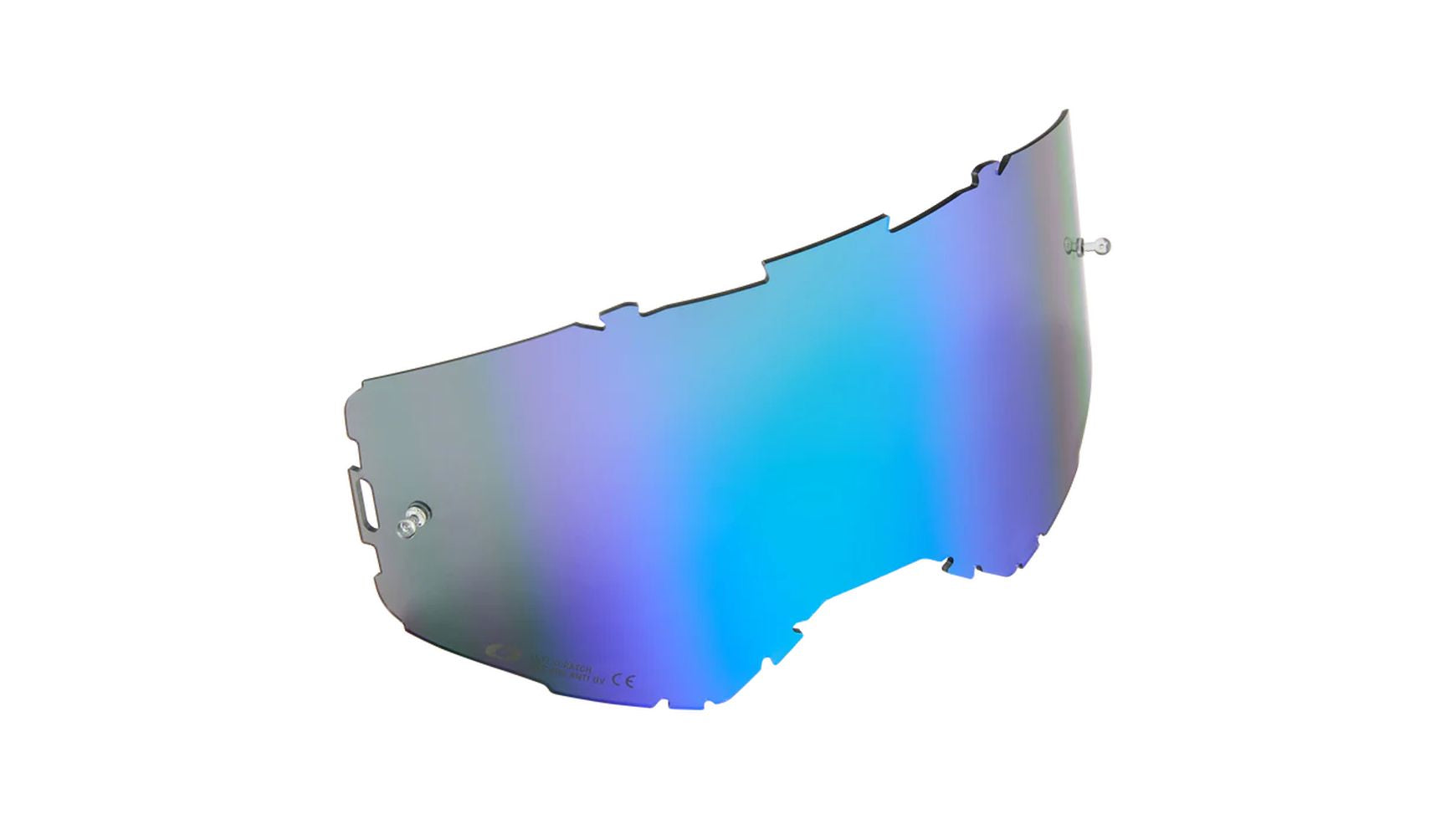 Eine reflektierende, irisierende, blau getönte O'NEAL B-22&B-33 Goggle-Ersatzscheibe mit Anti-Beschlag-Beschichtung, Befestigungskerben und Schraubenlöchern von O'NEAL, isoliert auf weißem Hintergrund dargestellt.