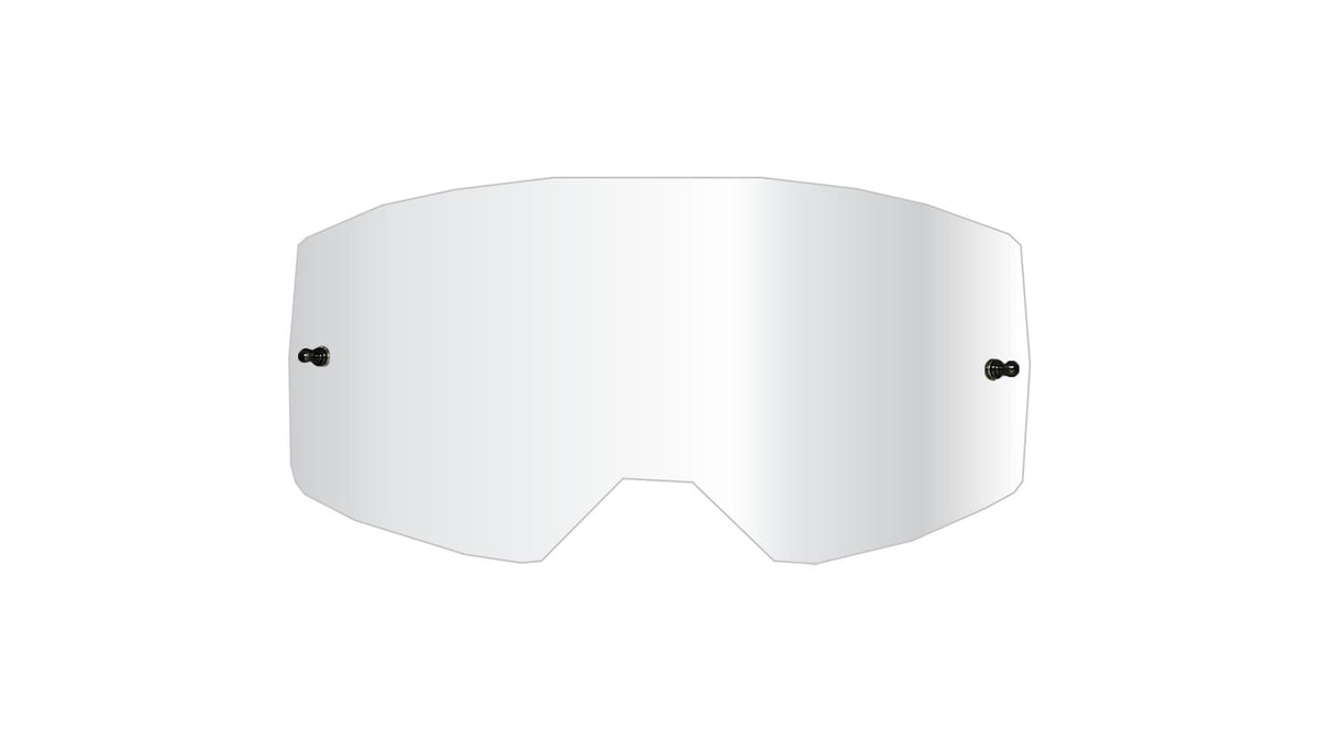 Ein Ersatzglas für die O’NEAL B-22- und B-33-Schutzbrille, klar und rahmenlos, mit zwei schwarzen seitlichen Verschlüssen und einer Aussparung in der unteren Mitte, verfügt über eine kratzfeste Scheibe für erhöhte Haltbarkeit und ist auf weißem Hintergrund abgebildet.