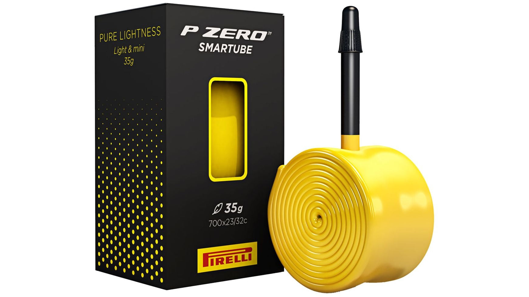 Der leichte PIRELLI P Zero SmarTube 60mm aus TPU wird in leuchtendem Gelb neben seiner schwarz-gelben Verpackung präsentiert, die das Gewicht von 35 g und die Größe 700x23/32c hervorhebt.