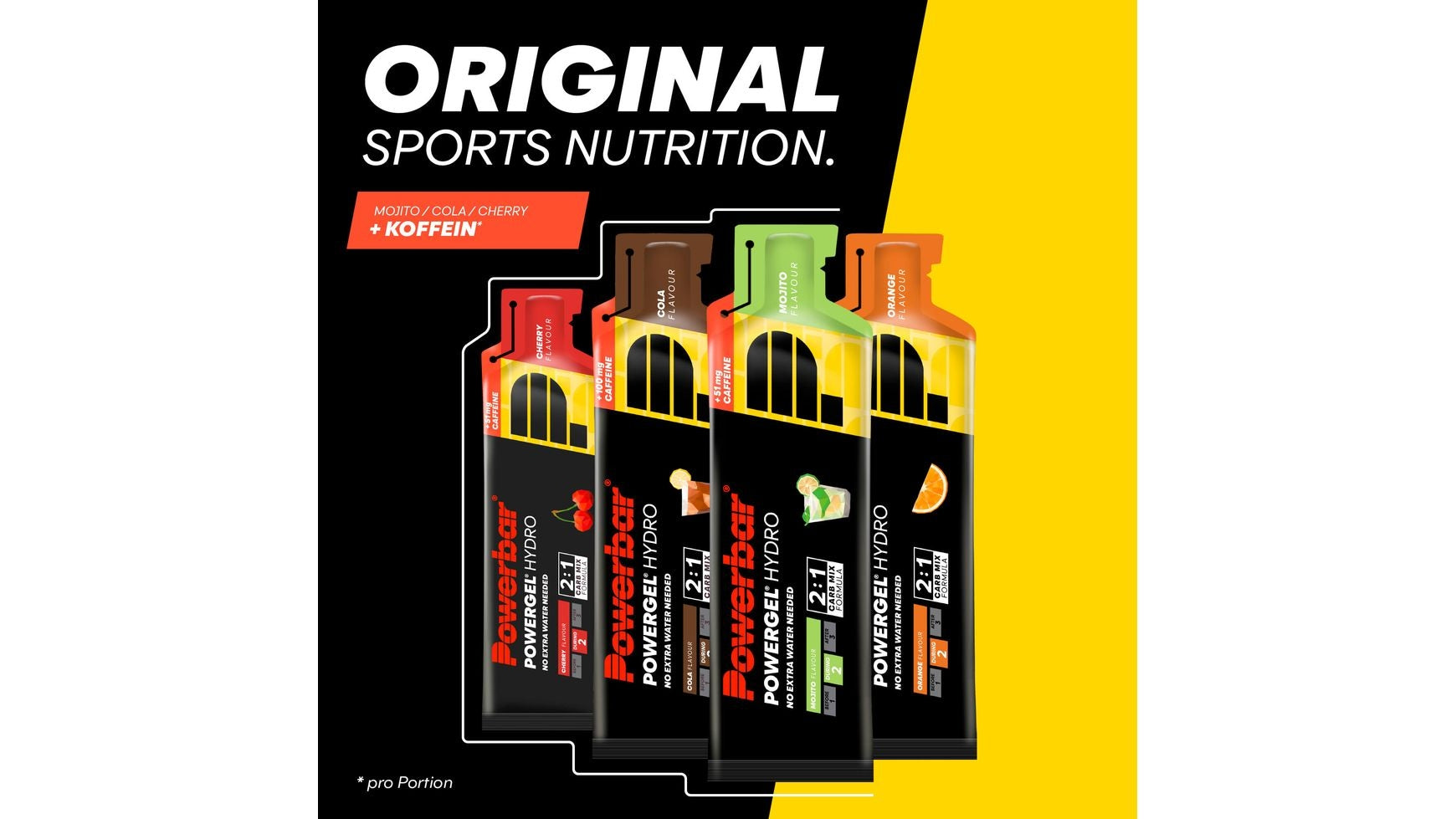Vier POWERBAR Powergel Hydro Onpack 3+1 Energiegels in den Geschmacksrichtungen Cola/Kirsche, Apfel, Orange und Mango/Passionsfrucht sind aufrecht vor einem schwarz-gelben Hintergrund mit dem Text 