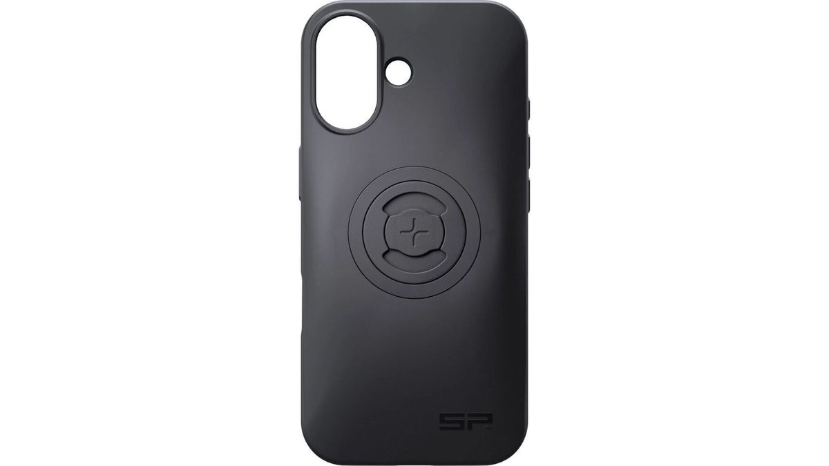 Die SP CONNECT SP Phone Case SPC+ für Apple iPhone 17 ist eine schwarze magnetische Handyhülle mit MagSafe-Kompatibilität, rundem Montagesystem in der Mitte, Kameraausschnitt oben links und SP-Logo unten rechts.