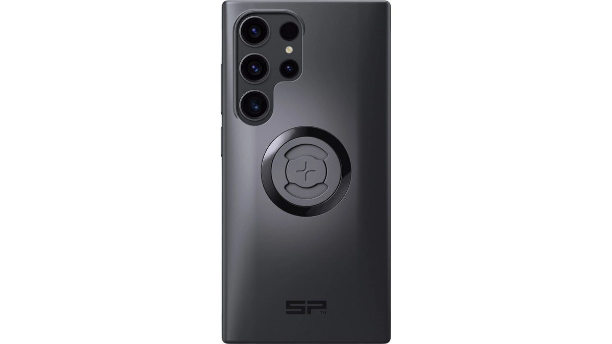Ein schwarzes Samsung S24 Ultra mit mehreren rückwärtigen Kameras und glänzender Oberfläche, ausgestattet mit dem SP CONNECT SP Phone Case SPC+ für Samsung S24 Ult. und einem runden MagSafe-kompatiblen Ring auf der Rückseite.