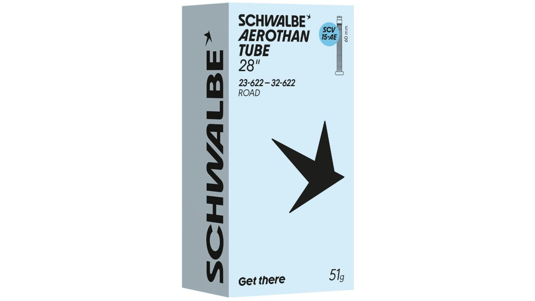 Die hellblaue Schachtel des SCHWALBE Aerothan SCV15-AE 28" Rennradschlauchs aus leichtem TPU ist mit einem schwarzen Pfeildesign, fettgedrucktem Text, 51 g Gewicht, Angaben zur Ventilgröße und einem markanten SCHWALBE-Branding auf der Verpackung versehen.