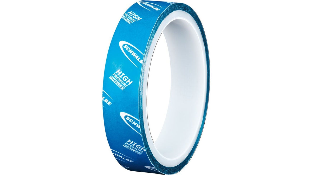 Das Schwalbe Felgenband TL 37 mm ist ein blaues SCHWALBE Felgenband für schlauchlose Hochdruck-Rennradlaufräder mit weißem "SCHWALBE HIGH PRESSURE"-Schriftzug, das um einen weißen Kunststoffkern gewickelt ist.