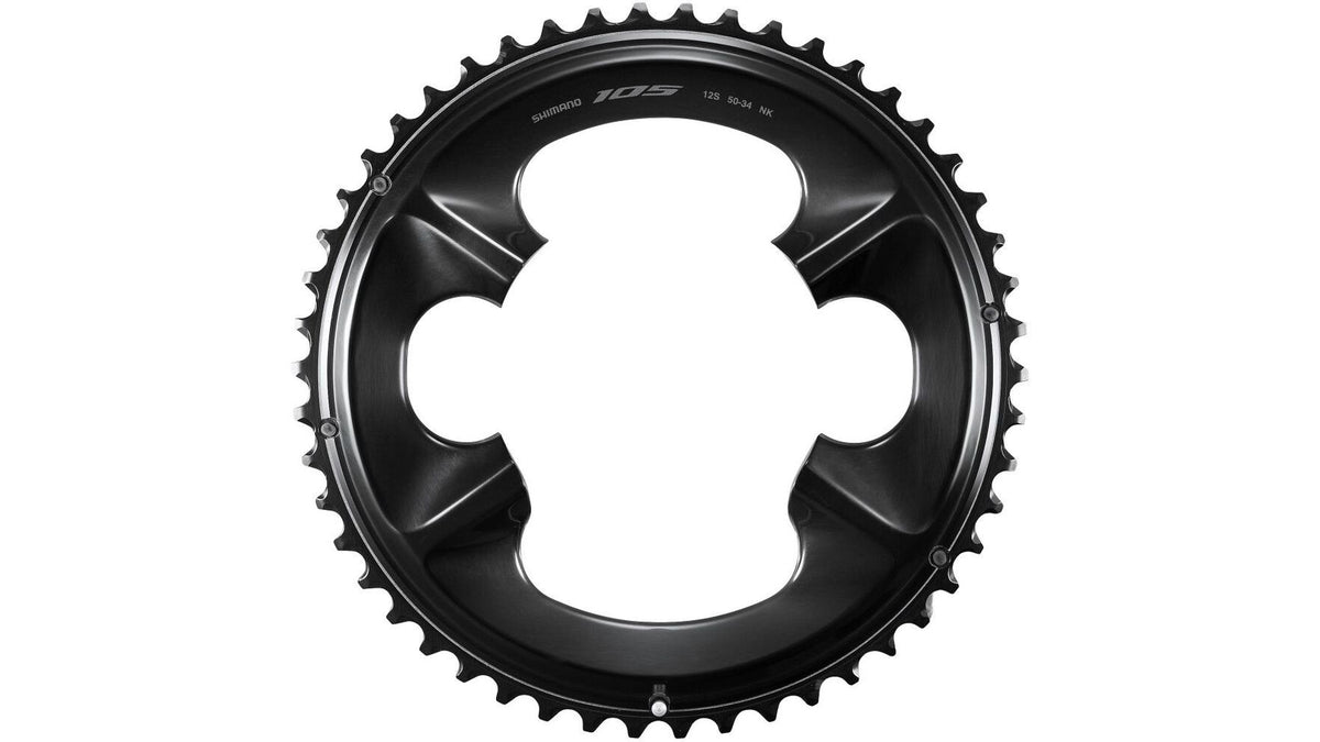 Ein schwarzes SHIMANO 105 FC-R7100 Kettenblatt mit vier Befestigungslöchern und scharfen Zähnen, ausgelegt für eine 12-fach Schaltung, ist von vorne vor weißem Hintergrund abgebildet.