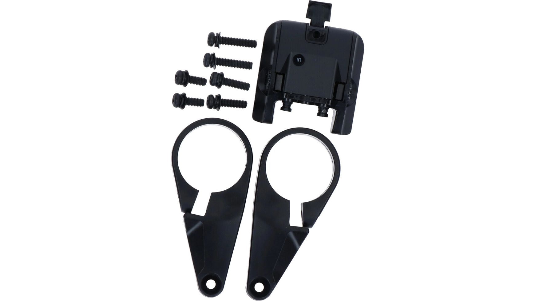 Ein Satz schwarzer SHIMANO SC-E6100 Displayhalterungsteile, bestehend aus zwei runden Halterungen, einer rechteckigen SHIMANO Displayhalterung und fünf Schrauben, angeordnet auf einem weißen Hintergrund.