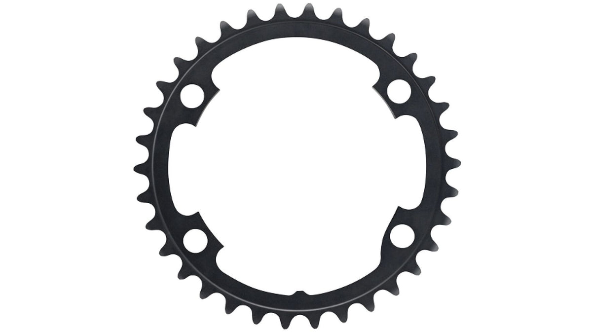 Ein schwarzes Shimano FC-R8000 Kettenblatt von SHIMANO mit 32 gleichmäßig angeordneten Zähnen und vier Befestigungslöchern, dargestellt auf weißem Hintergrund - kompatibel mit Shimano Kettenblättern für verbesserte Schaltperformance.