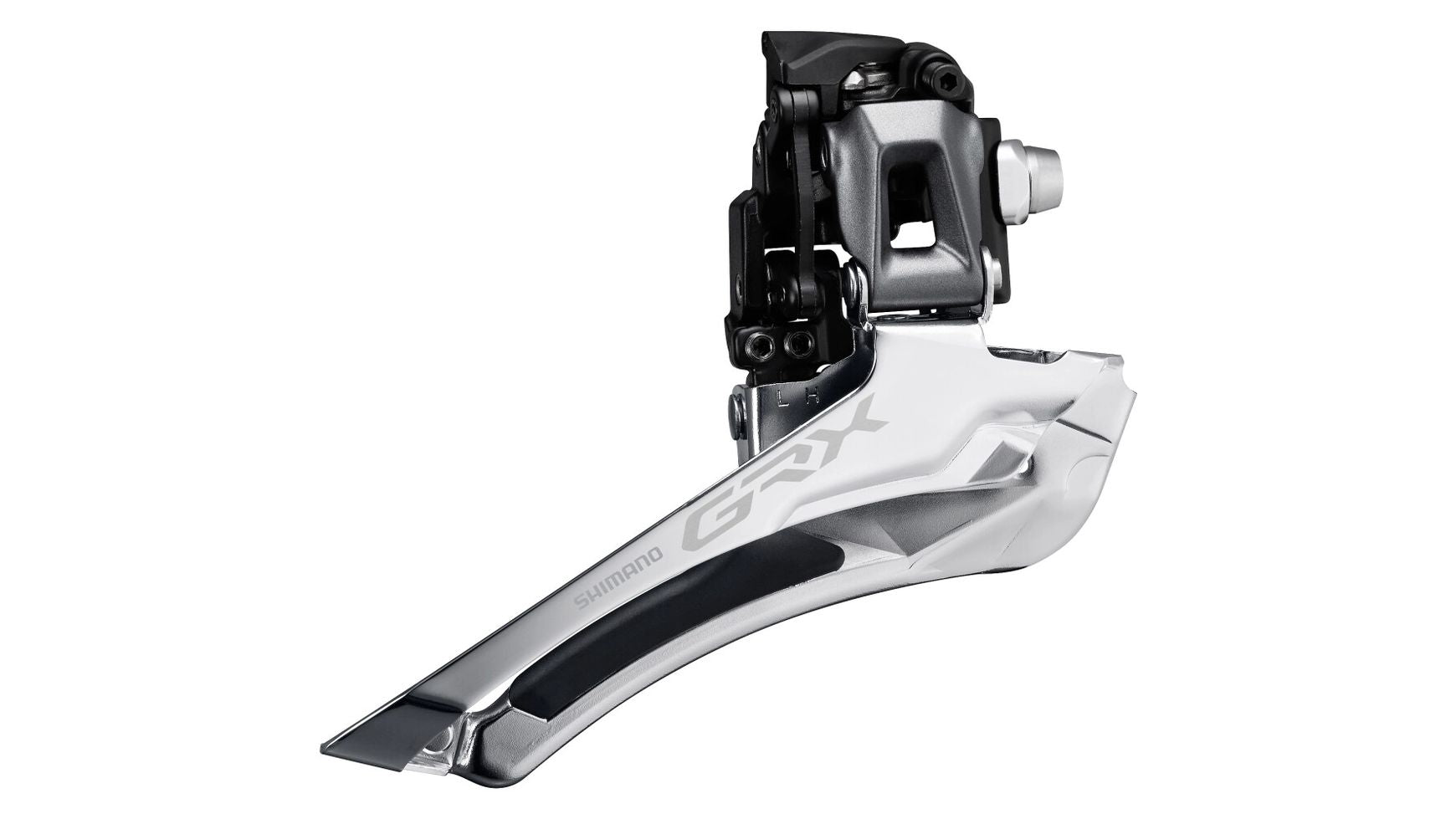Der silber-schwarze SHIMANO GRX FD-RX810 2x11-fach Umwerfer bietet eine präzise Schaltung für Gravelbikes, die für sanfte Gangwechsel ausgelegt ist; abgebildet auf weißem Hintergrund.