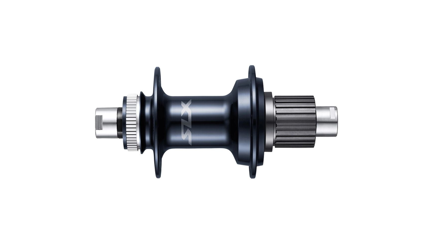 Eine SHIMANO SLX FH-M7110-B 148mm 32-L Fahrrad-Hinterradnabe in Schwarz ist auf weißem Hintergrund abgebildet. Sie wird von der Seite gezeigt, um die Achsen und die Schaltschnittstelle hervorzuheben.