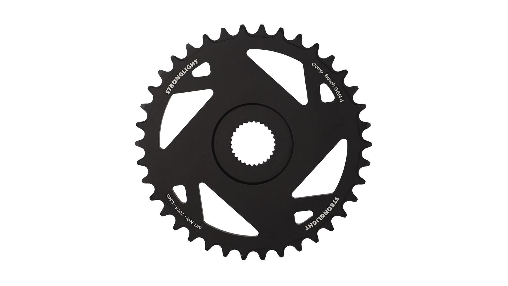 Ein schwarzes STRONGLIGHT Bosch Gen.4 38 Z. DM Fahrrad-Kettenblatt mit Narrow-Wide Zähnen, Campa Direct Mount Etikett, zentralem Befestigungsloch und weißem Text, dargestellt auf weißem Hintergrund.