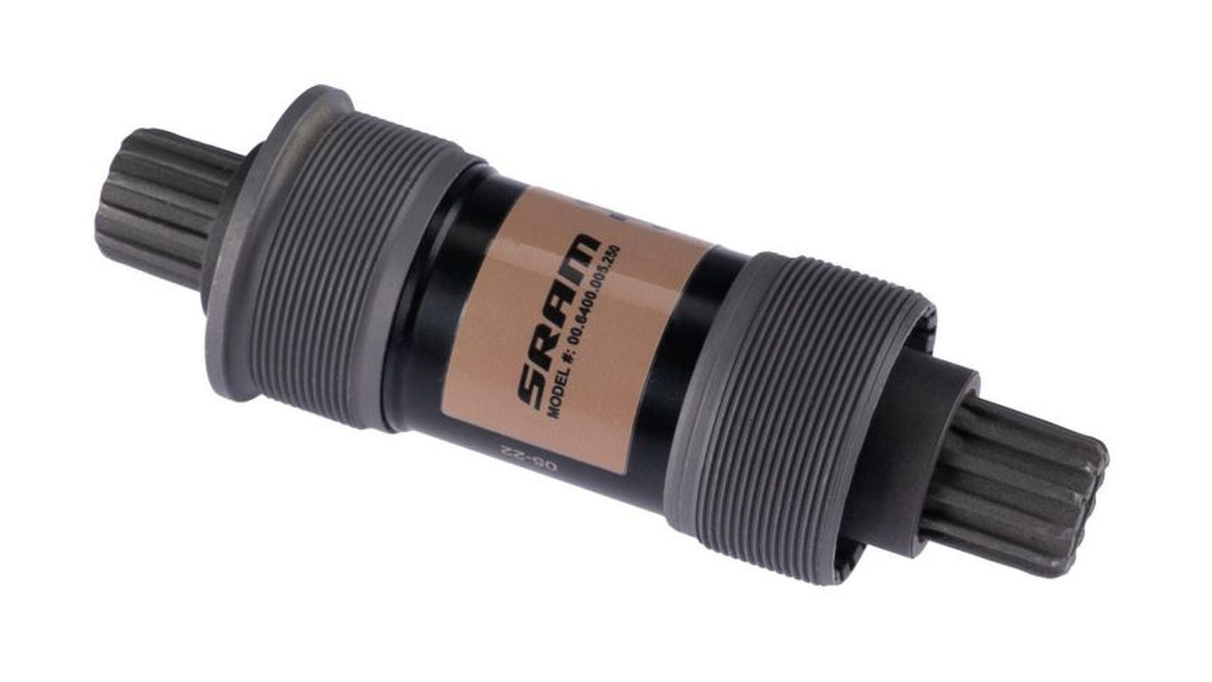 Ein schwarz-silbernes TRUVATIV Truvativ PowerSpline 73/118 mm MTB-Innenlager mit BSA-Gewinde und verzahnter Spindel, abgebildet auf weißem Hintergrund.
