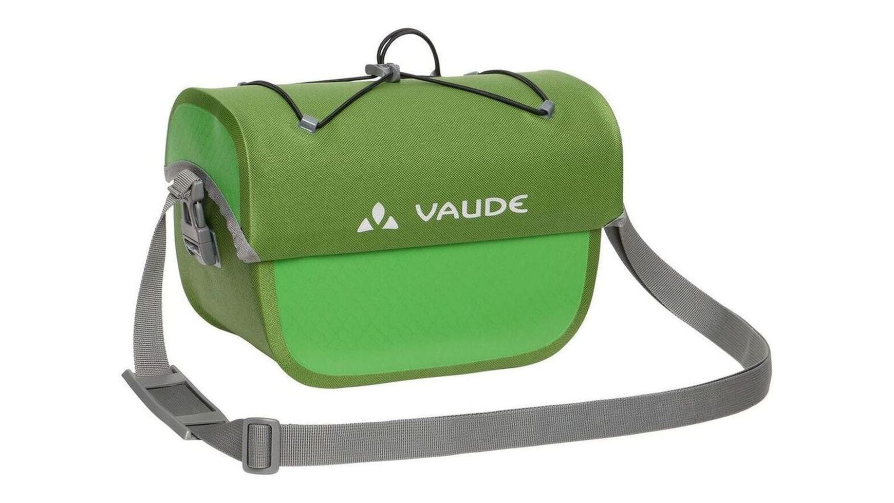 Die VAUDE Aqua Box 4 Lenkertasche in grünem Design mit grauem, verstellbarem Riemen, Überschlagverschluss mit Bungee-Kordel und VAUDE-Logo auf der Vorderseite - ideal für das Bikepacking und zum Organisieren der Ausrüstung.