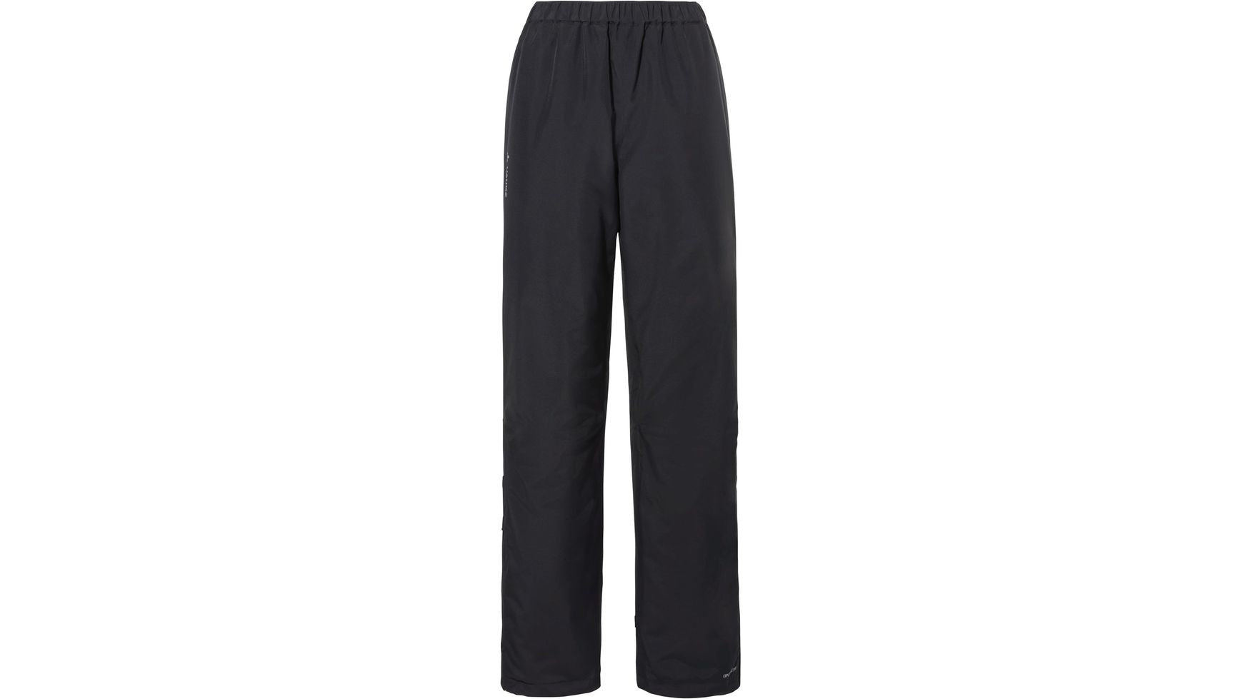 Schwarze, gerade geschnittene VAUDE Women's Escape Bike Warm Pant aus recyceltem Polyester mit elastischem Bund, abgebildet auf weißem Grund.