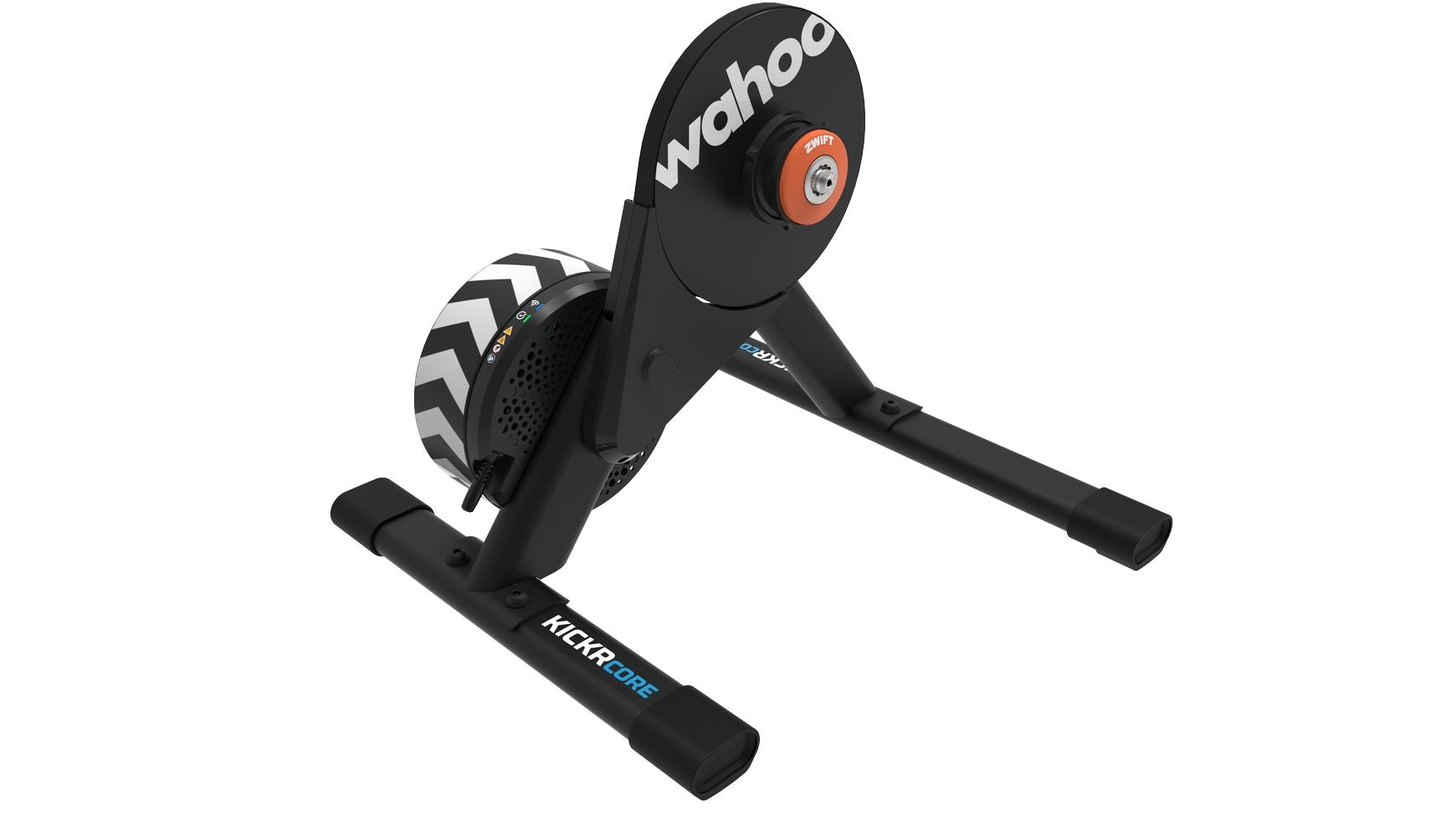 Der WAHOO KICKR CORE 2 + Zwift Click ist ein schwarzer Indoor-Cycling-Trainer mit Schwungrad, robustem Rahmen und Zickzack-Muster an den Seiten, der für das Training zu Hause konzipiert und mit dem Zwift Cog kompatibel ist.