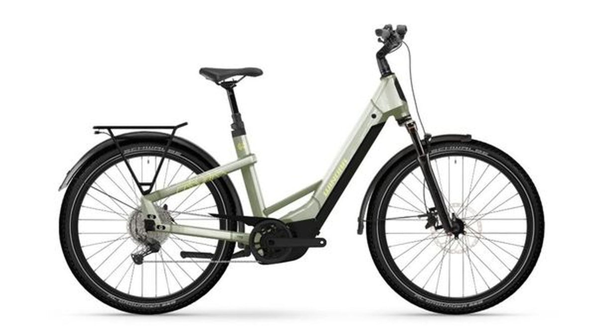 Das WINORA Yakun X10 - Low ist ein hellgrünes E-Trekkingrad mit tiefem Einstieg, Gepäckträger, Federgabel, Scheibenbremsen und breiten Reifen für eine komfortable Fahrradfahrt, dargestellt im Profil auf weißem Hintergrund.