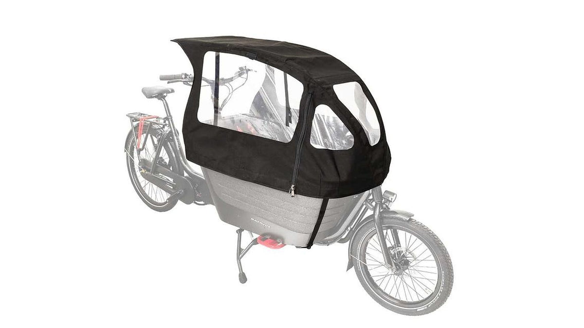 Ein DIVERSE Regenverdeck SC 02 V2.0 mit durchsichtigen Fenstern ist über dem vorderen Laderaum eines Winora F.U.B 2 angebracht und hebt die Schutzabdeckung hervor, während das Lastenfahrrad teilweise verblasst.
