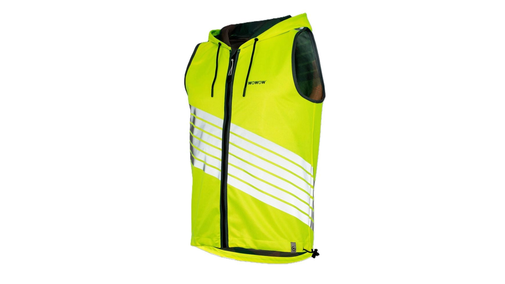 Die WOWOW Threesixty Jacket ist eine neongelbe Fahrradweste mit Kapuze, Frontreißverschluss, diagonalen weißen Reflexstreifen, schwarzer Zierleiste und einem Kordelzug im Saum für mehr Sicherheit und Sichtbarkeit beim Radfahren.